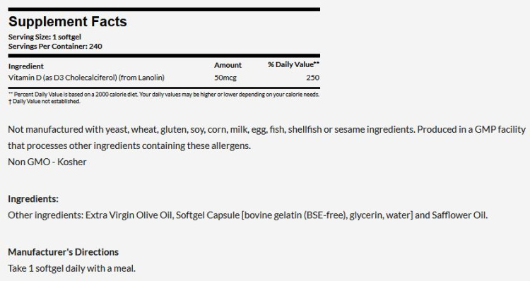 Vitamin D-3 Now innhold