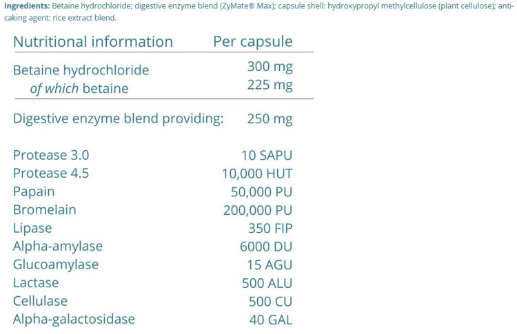 Digestive Enzymes og Betaine HCI innhold