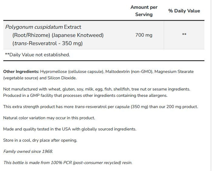 Resveratrol Now ekstra sterk innhold